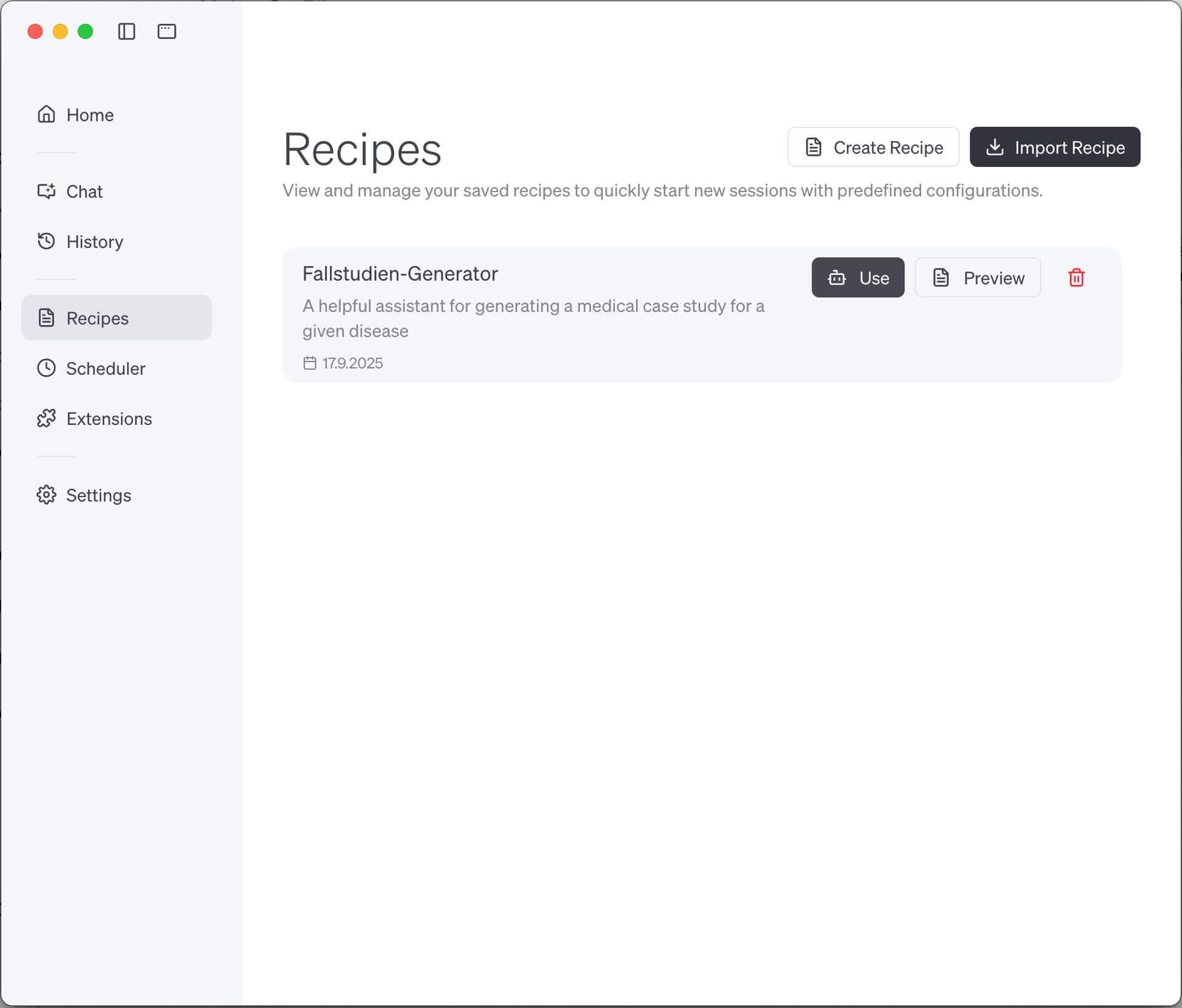 Auswahl eines Recipes in Goose