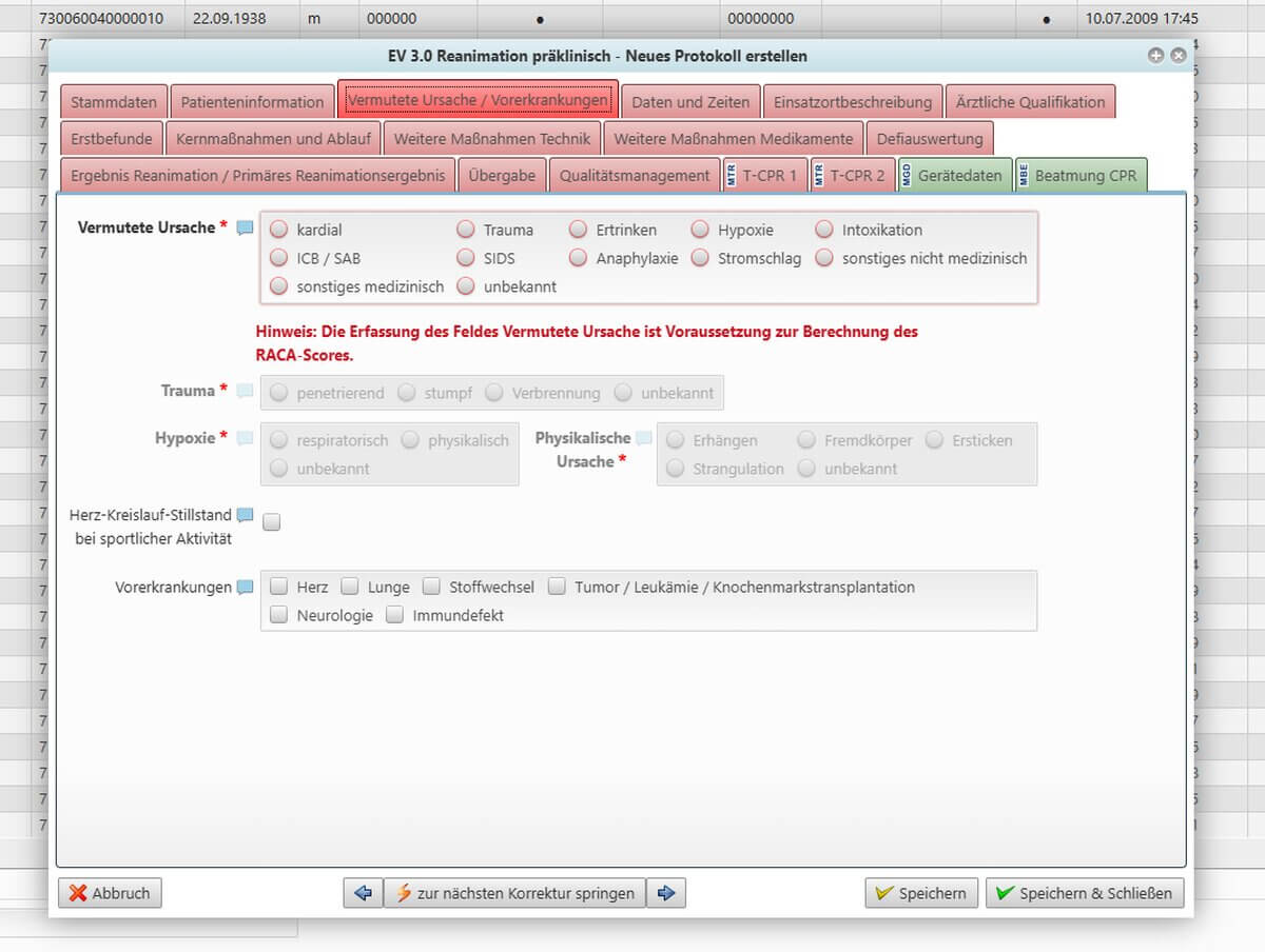 Darstellung Dateneingabe Präklinische Reanimation