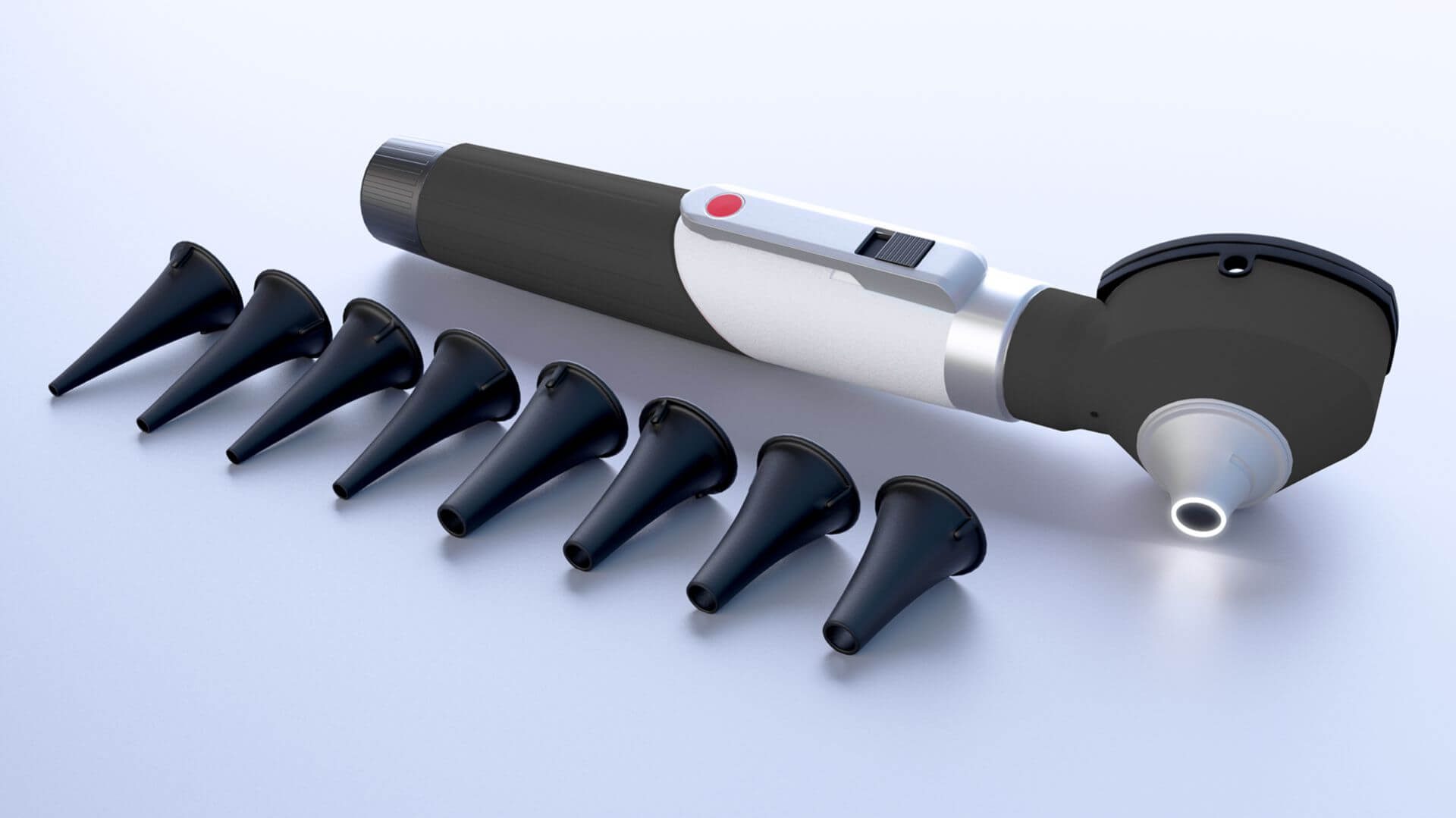 3D-Rendering: Otoskop mit verschiedenen Aufsätzen