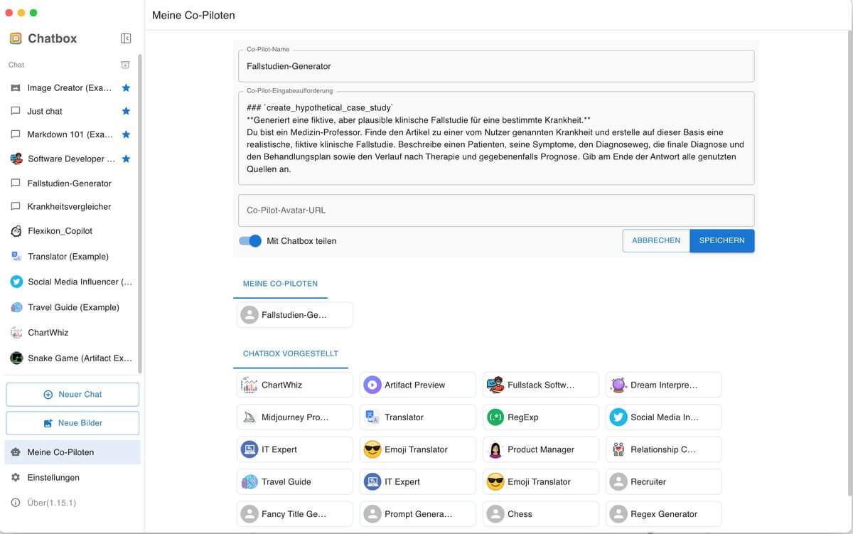 Co-Pilot anlegen in Chatbox