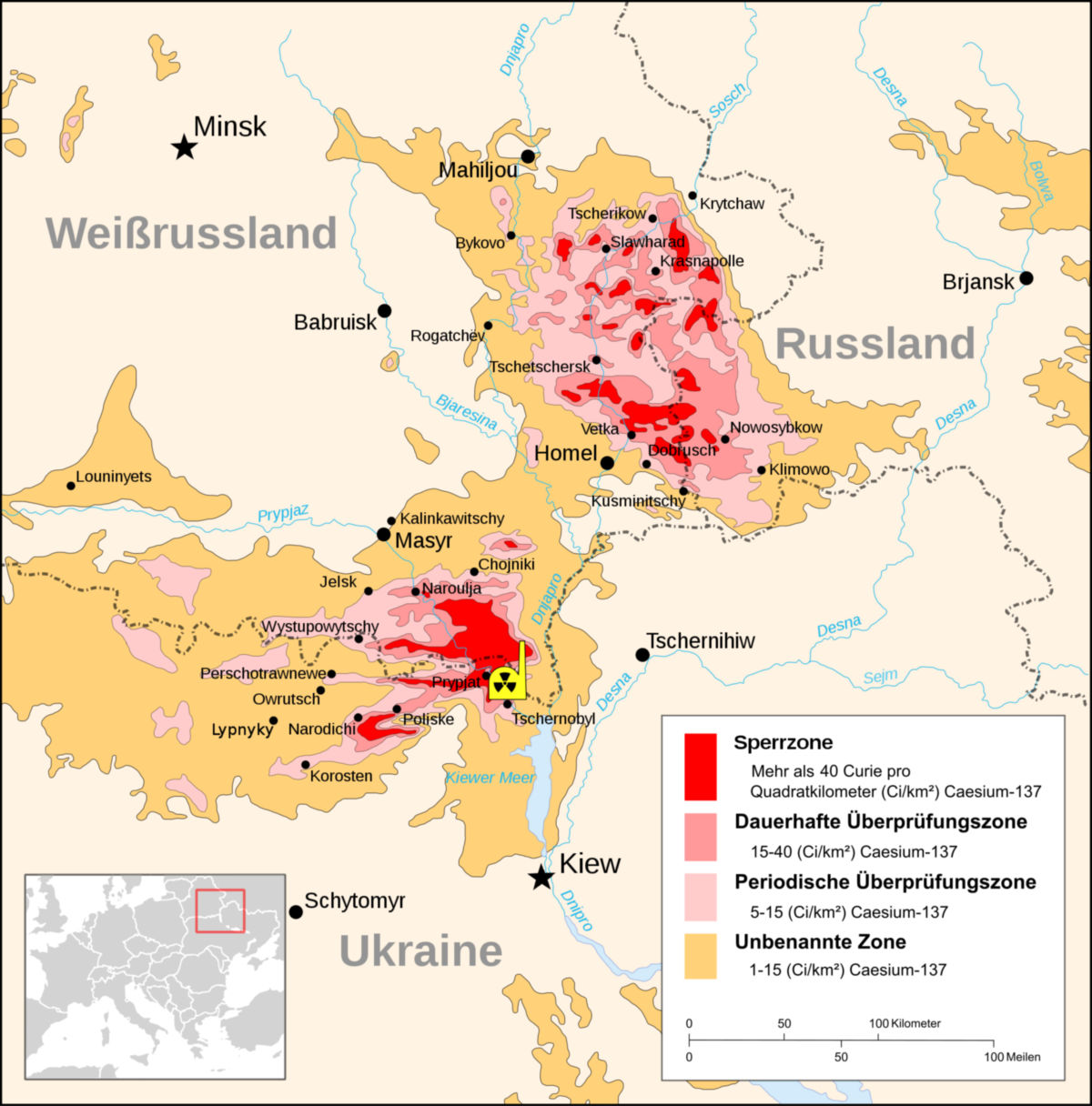 Karte des radioaktiven Niederschlags rund um Tschernobyl (1996)
