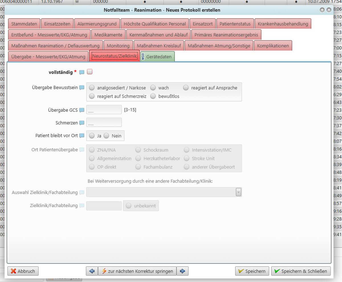 Darstellung Dateneingabe Klinische Reanimation